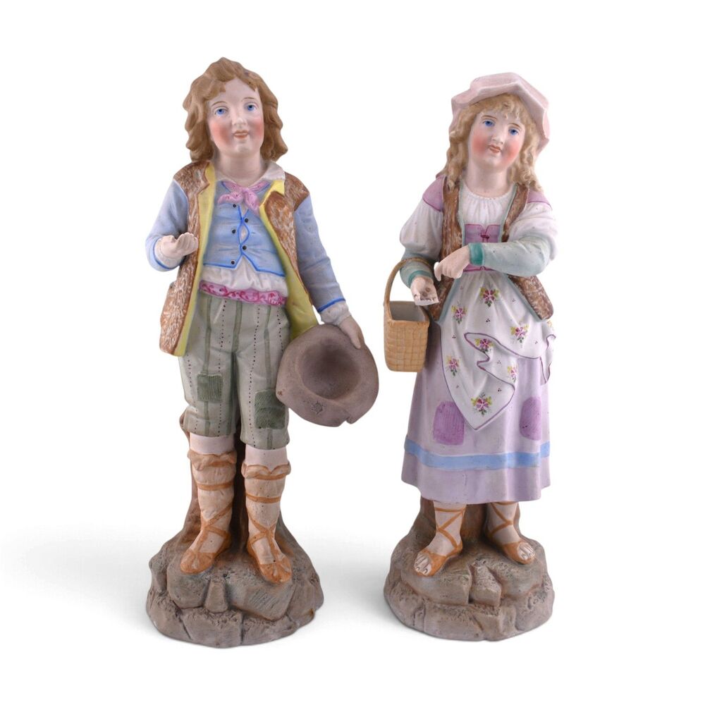 European Bisque Pair of Peasant Figurines 12.5" Man Woman Couple Basket Coins